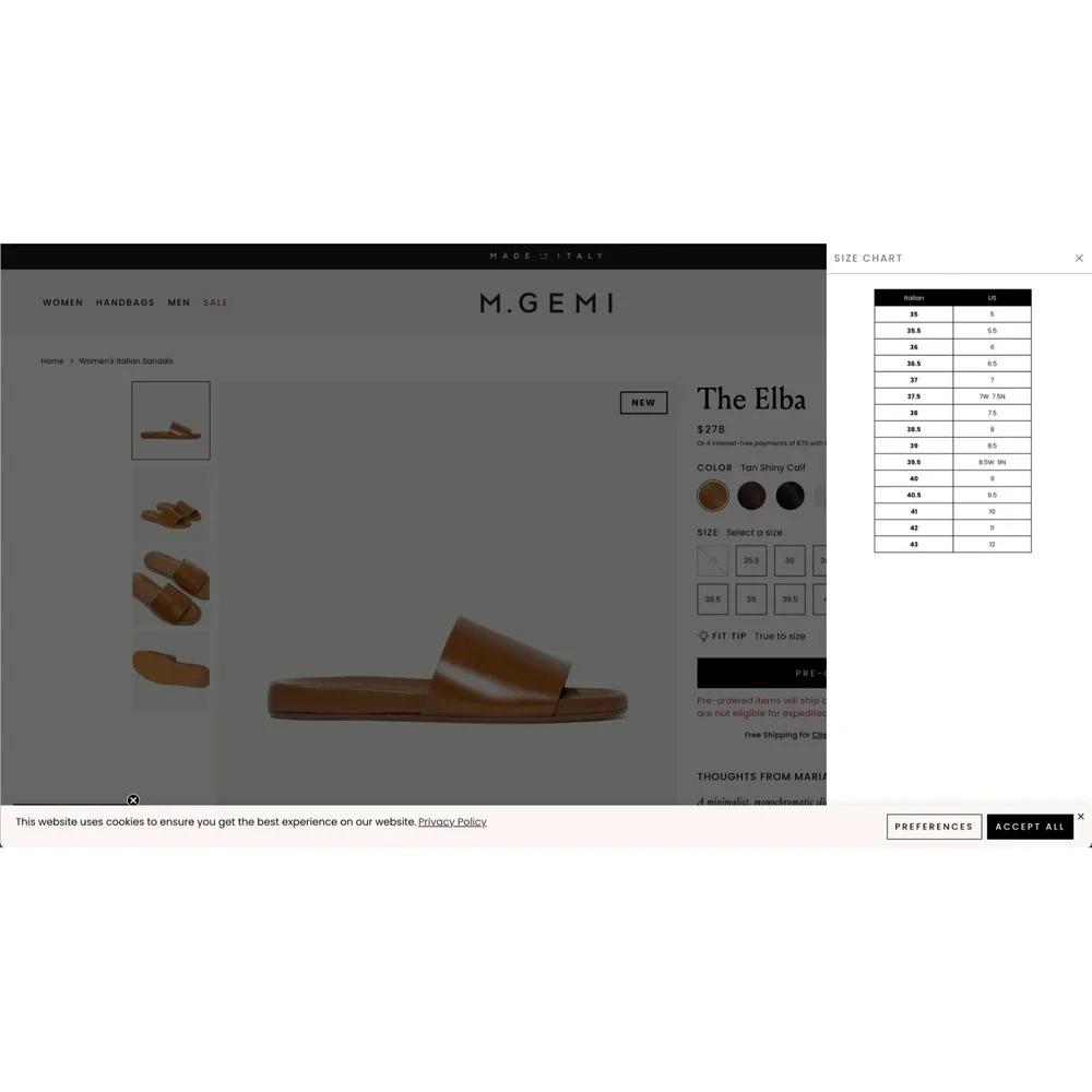 M‎ Gemi Sandal Womens 8.5 / IT 39 Leather Neutral Slides Slip On Classic Simple